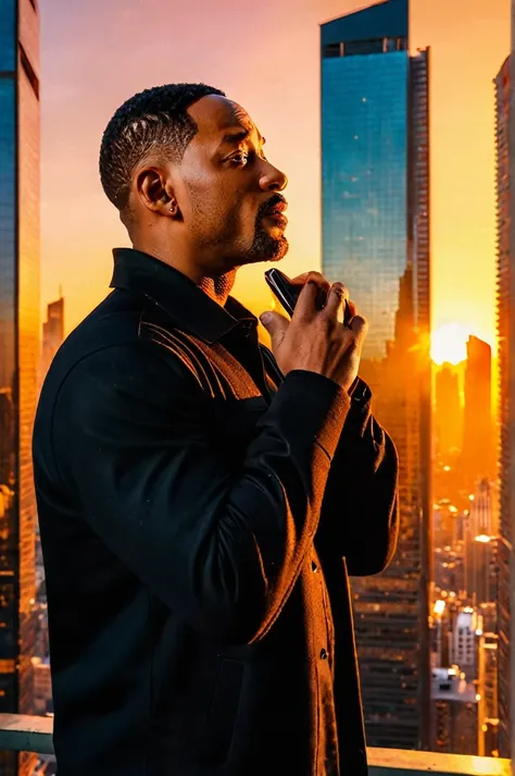 will smith in black clothes in a building, talking on the cell phone and looking to the side in an area with skyscrapers. the su...