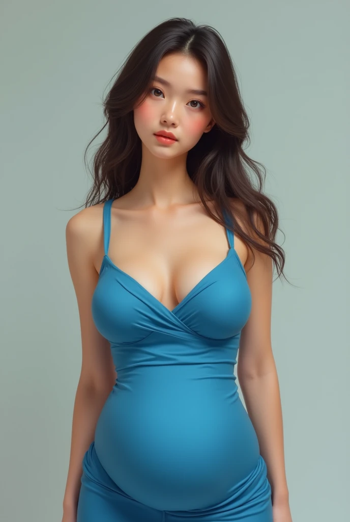 Make me a woman of about 3 with big breasts who is wearing a blue dress and who has a super realistic photo 