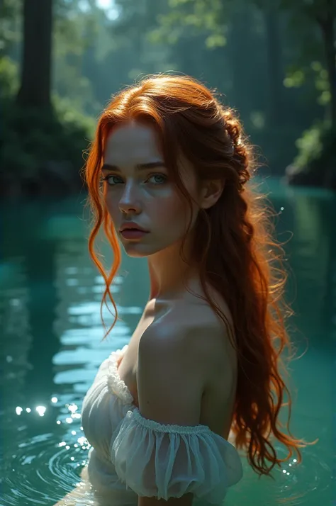 A Fanic wattpad style woman with red hair and storm gray eyes in a lagoon at night and her eyes shining with the moonlight