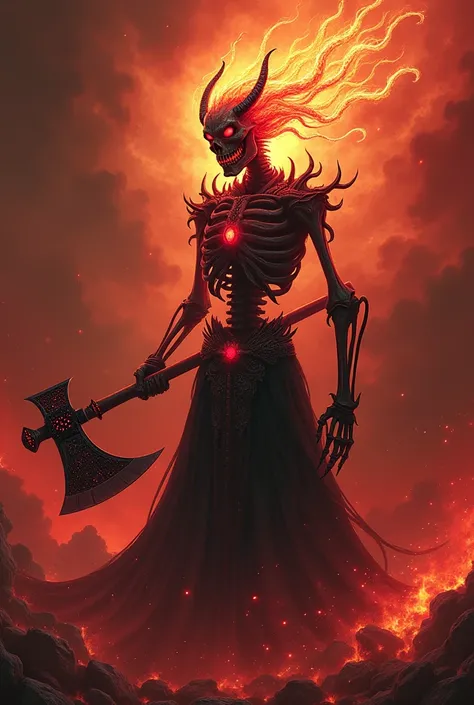 Skeleton with Japanese demon mask and fire braids holding a ruby axe in the underworld 