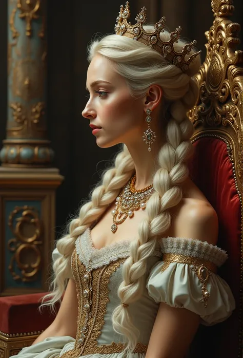 close-up portrait(side view) very sexy. very beautiful European woman queen, 25 years ,in the style of historical oil paintings..: ,very long light hair falling in curls , slim , sits on a medieval throne, Lateral position,an elaborate and richly decorated...