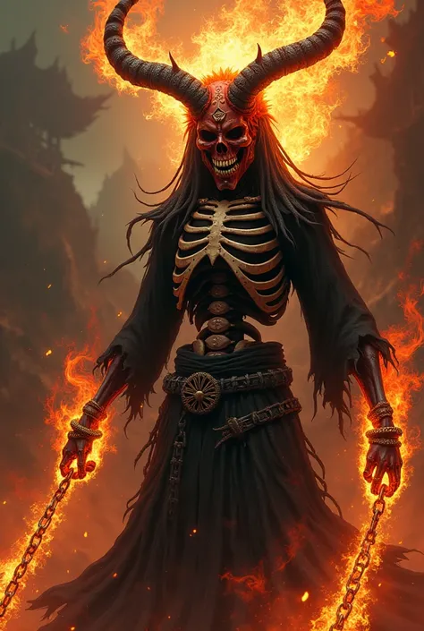 Skeleton with Japanese demon mask and fire braids holding chains of fire in the ultra realistic underworld