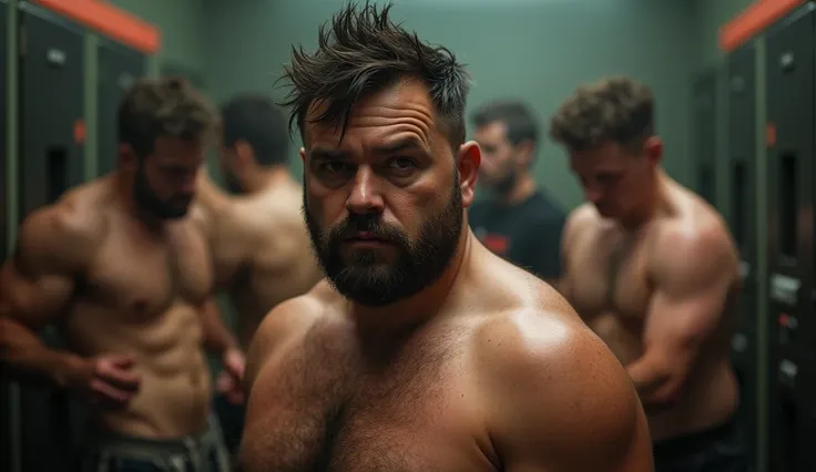 masterpiece, best quality, high resolution, closeup portrait, male focus, solo focus, A man, bare chest, body hair, facial hair, normal not muscular body,  goatee, chubby body, messy short hair, very hairy body , skinny , in the background an action locker...