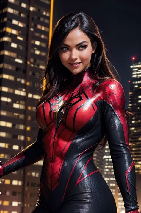 (ultra-detailed,highres,realistic:1.2),spider-woman,red-gold-black suit,sharp focus,dynamic pose,wisecracking smile,glowing eyes...