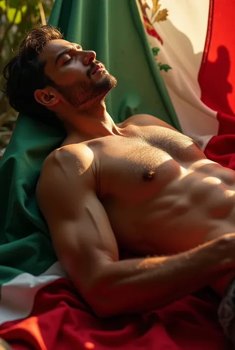 Sexy man sleeping with the Mexican flag 