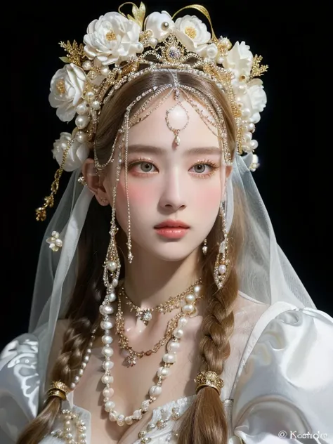 a woman with long hair wearing a white dress and corona flower white and pearls and golden eyes, baroque hair, pearls and chains...