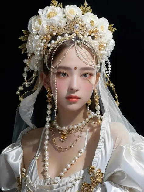 a woman with long hair wearing a white dress and corona flower white and pearls and golden eyes, baroque hair, pearls and chains...