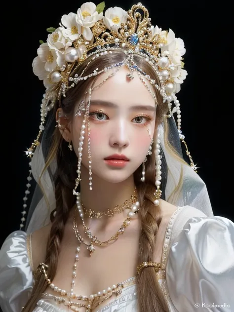 a woman with long hair wearing a white dress and corona flower white and pearls and golden eyes, baroque hair, pearls and chains...