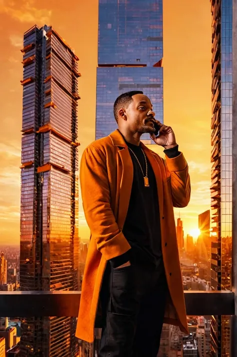 Will Smith in black clothes in a building, talking on the cell phone and looking to the side in an area with skyscrapers. the sun starts to set, creating an orange hue in the sky. top down camera angle artwork, best quality, (very detailed CG Unity 8k wall...