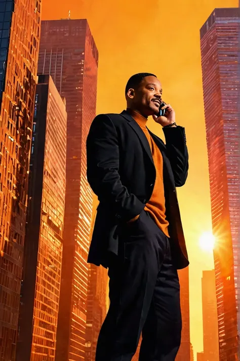 will smith in black clothes in a building, talking on the cell phone and looking to the side in an area with skyscrapers. the su...