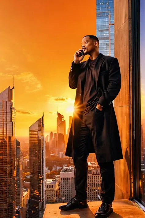 will smith in black clothes in a building, talking on the cell phone and looking to the side in an area with skyscrapers. the su...