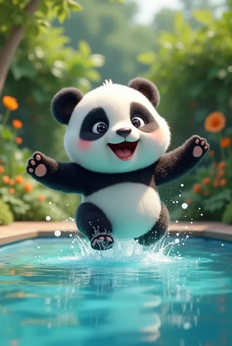 A cute panda jumping into the pool 