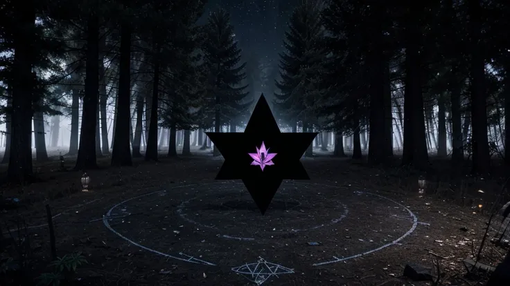 Generate an image, 8K quality, super HD, super detailed, Main themes: Illuminati, Pentagram,Marijuana,Symbols of good luck, a mystic.
Background ghostly dark forest, illuminati and pentagram in center images, 