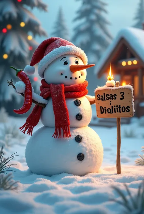 A Christmas snowman with a hot pepper in his hand and a sign written in Spanish that says Salsas 3 Diablitos in his other hand