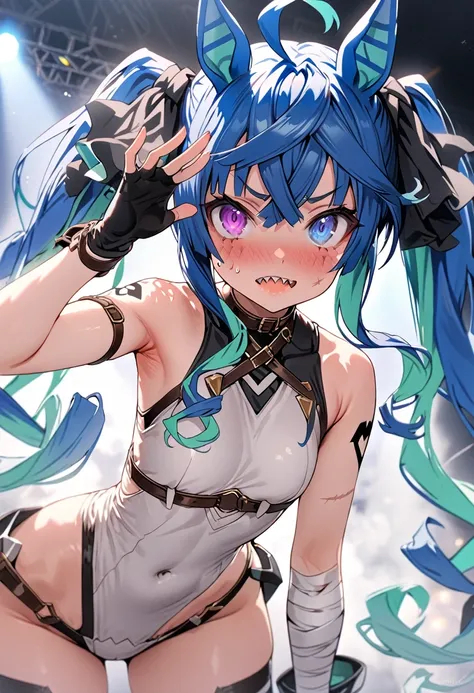 masterpiece,Highest quality,High resolution,Super detailed,4k,8k, solo, 1girl, live stage, ((cute)), Twin Turbo, Umamusume, aqua hair, twintails, heterochromia, purple eyes, blue eyes, sharp teeth, jack the ripper costume outfit(fate/apocrypha, scars, scar...