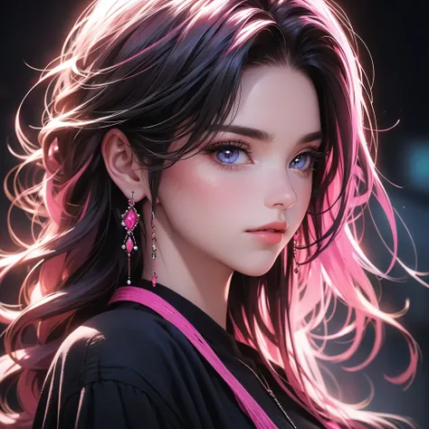 a girl with multicolored long hair, pink and blurry, wearing a black skirt, fishnets, and earrings, looking at the viewer, breasts visible, depth of field, (best quality,4k,8k,highres,masterpiece:1.2),ultra-detailed,(realistic,photorealistic,photo-realisti...