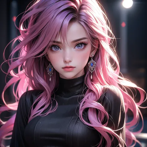 a girl with multicolored long hair, pink and blurry, wearing a black skirt, fishnets, and earrings, looking at the viewer, breasts visible, depth of field, (best quality,4k,8k,highres,masterpiece:1.2),ultra-detailed,(realistic,photorealistic,photo-realisti...