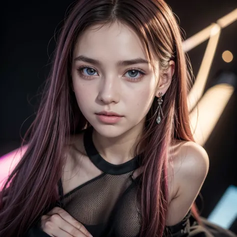 a girl with multicolored long hair, pink and blurry, wearing a black skirt, fishnets, and earrings, looking at the viewer, breasts visible, depth of field, (best quality,4k,8k,highres,masterpiece:1.2),ultra-detailed,(realistic,photorealistic,photo-realisti...