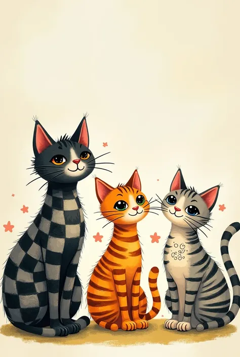 Create 3 characters for a children&#39;s storybook that are cats: one has to have checkered fur, the other has to have stripes and the other has to have doodles. 