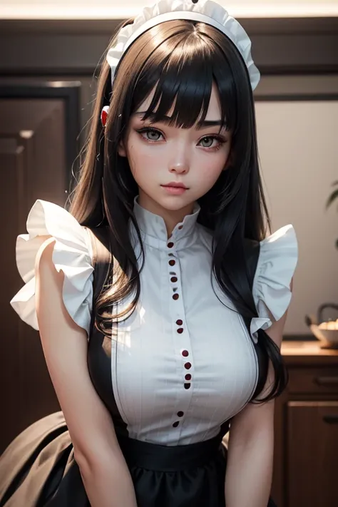 Female Android、Beautiful Face、Grown-up face、Well-formed face、Cool look、Straight long hair、((The left side of the bangs is longer))、(((The left eye is hidden by the bangs)))、Three white eyes、((Hard skin))、Hard, shiny skin、Chic maid outfit、Black Apron Dress、...