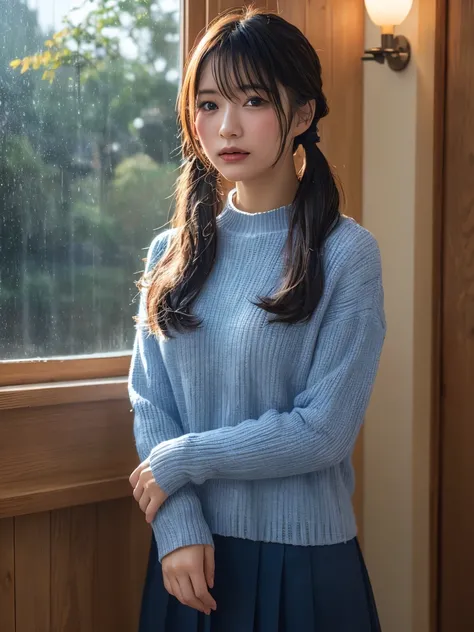 (RAW Photos, high quality), (Realistic, photo-Realistic:1.4), リアルな写真 high quality , Her hair is light blue and super long in twin tails.、２０Old woman、Autumn outfit、The weather is rainy、Raindrops on a window indoors