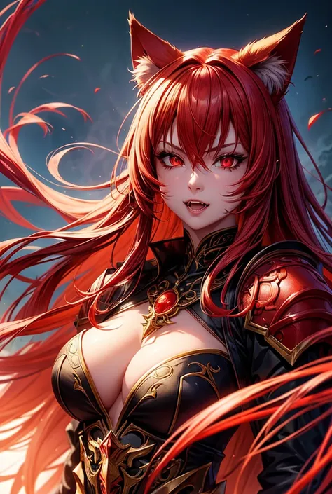 A beautiful anime girl, detailed portrait, fantasy game character, 1girl, red hair, sharp fangs, glowing red eyes, extremely detailed face, intricate costume, dynamic pose, dramatic lighting, vibrant colors, digital art, highly detailed, cinematic, photore...