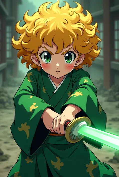 A female character in the style of Demon Slayer, with green Japanese kimono and a green sword, a girl with yellow curly hair and chubby. 