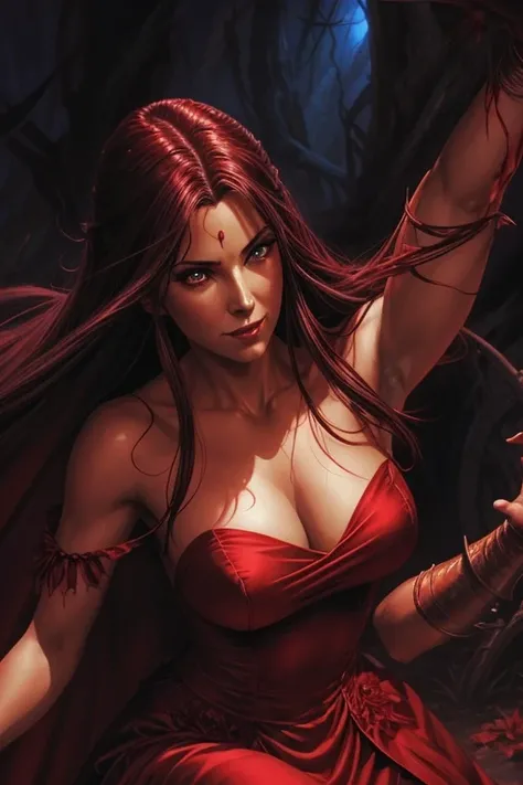 a close up of a woman in a red dress with blood on her body, zenescope, vampire queen, beautiful vampire queen, chris moore. artgerm, james edmiston, pinup. lord of daggers, by Mark Brooks, by Jorge Jacinto, inspired by Mark Brooks, by Eddie Mendoza, style...