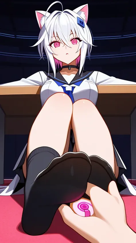 (Fraction_9,Fraction_8_Direction_7_up,), Koneko Toujou from Highschool DxD,Solitary,Looking at the audience,white and short hair,indoors black high socks, Foot Focus, hypnotic, brainwash, hypnotic soles in black socks, Koneko tries to hypnotize the viewer ...