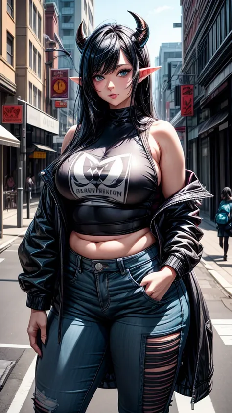 Adult female, curvy thick body, DD size breasts, dark BLACK hair, shoulder length hair, dark BLACK hair in a shoulder length hairstyle, light cyan blue eyes, mature looking face, very beautiful, elf ears, demon horns, loose top, pants, punk style clothes, ...