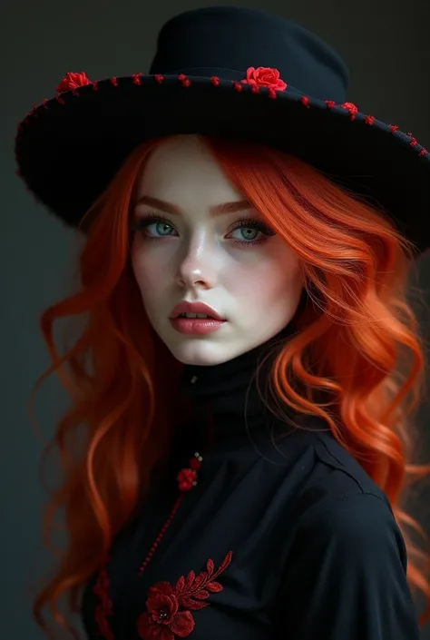  with white skin long curly red hair, huge eyes with black hat and red details, com roupa preta