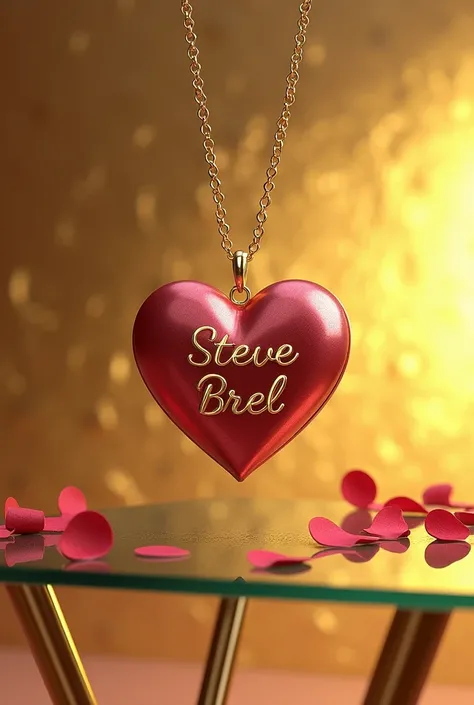 Design damour avec le nom "steeve brel" sur un gro médaillon amoureux de chaîne posée fans un carton en or sur une table en verre 
Avec le nom "Steeve Brel " écrit en gros avec une police damour 