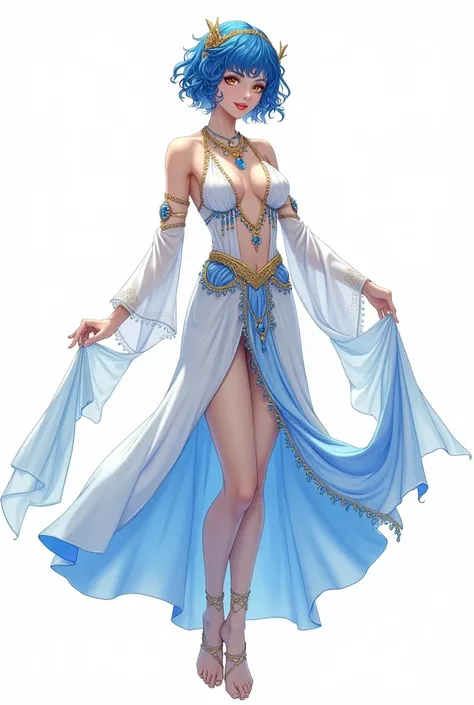 Anime-style fantasy dancer woman with short, curly blue hair and captivating yellow eyes. Her full body pose shows off a sensual white and blue Arabian dancers dress, combined with shimmering gold ornamentation and delicate blue jewelry. Isolated against a...