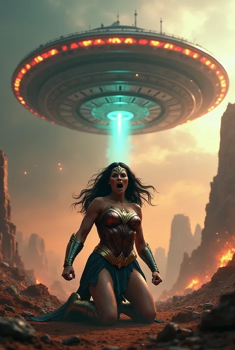 A beautiful woman under the mantle of the Amazon warrior Wonder Woman on her knees screaming in anger on an apocalyptic planet a giant UFO above her (((Colored circles simulating ultrasonic and destructive expansion waves)))alien invasion bloody and terrif...