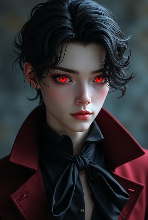 Vampire boy red eyes, sexy young light skin semi-dark clothes cute fangs beautiful hair Manly 