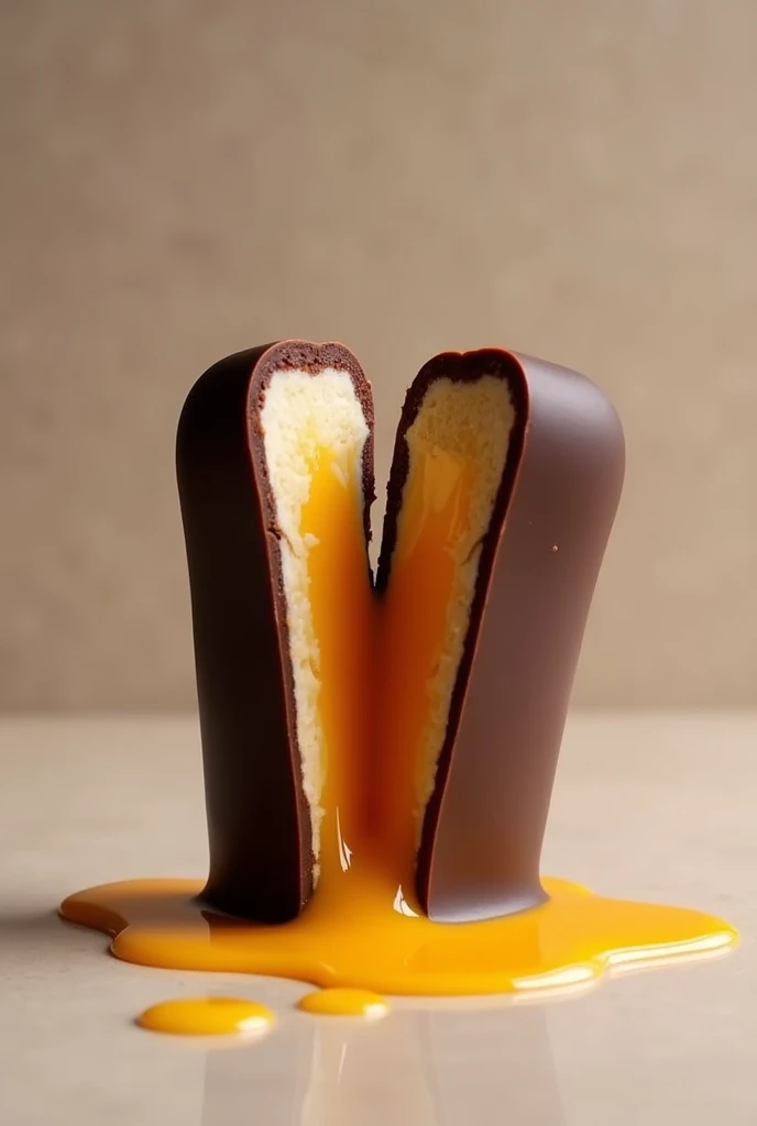 chocolate baton in a cylindrical shape with rounded ends, split in half with a melting passion fruit syrup