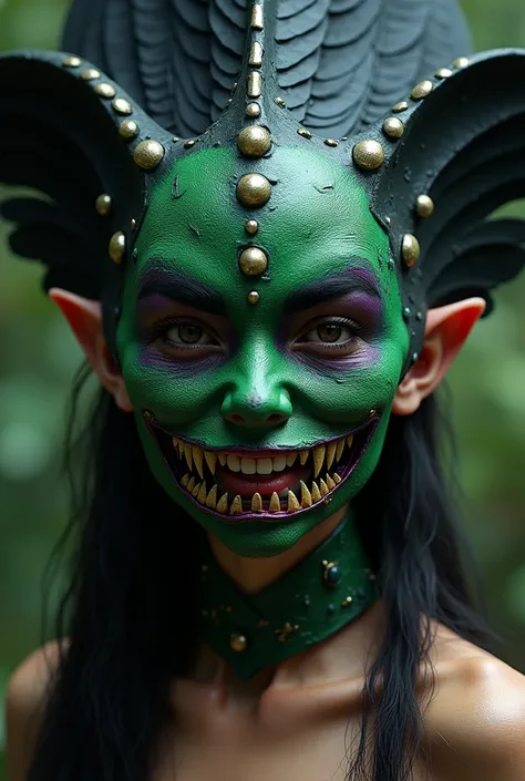 1 girl, 30 years , Shaman mask  ,big, painted green, metal inserts   , It has big black feathers on it, Strong emotions in the eyes, evil smile, Realistic anatomy, Best quality, in detail, high detail, quality, Very detailed, high quality, 