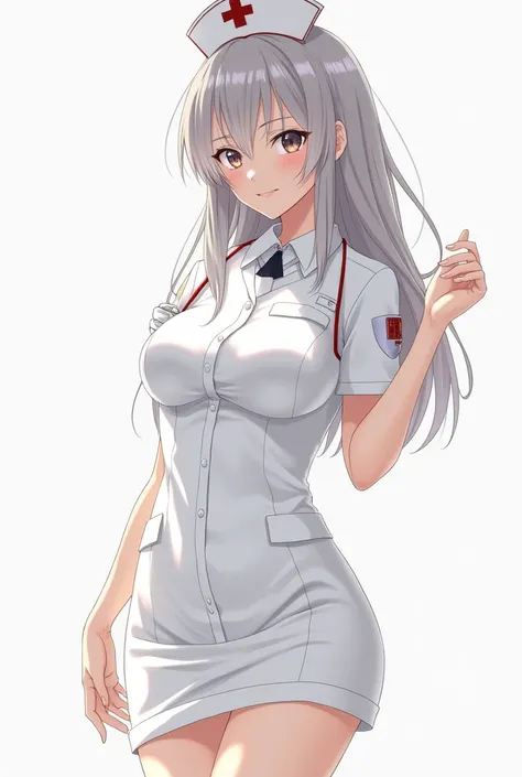 Describe to me a full-body anime character of a beautiful and sexy nurse from head to toe, in monochrome colors