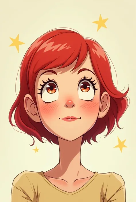 In cute Cartoon style, create a woman with short hair with red bangs, looking up as if you were looking at someone who is taller from the front 
