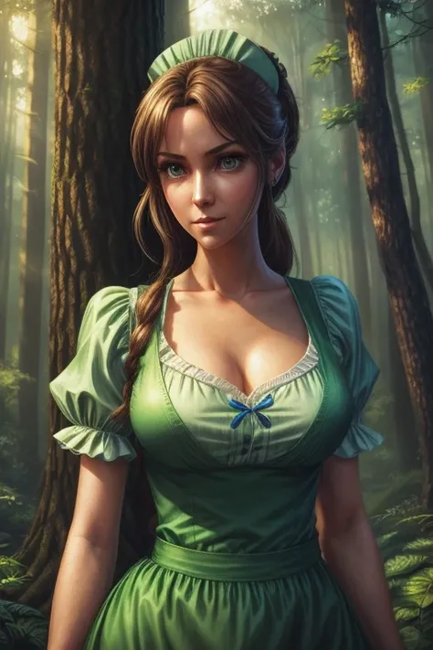 a close up of a woman in a green shirt and blue overalls, video game fanart, inspired by Luigi Kasimir, videogame art, a sexy maid in a magical forest, video game character, range murata and artgerm, video game digital art, extremely detailed artgerm, devi...