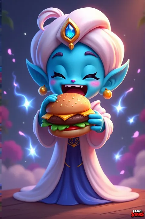 Draw a character genie from the game Brawl Stars, who eats a burger