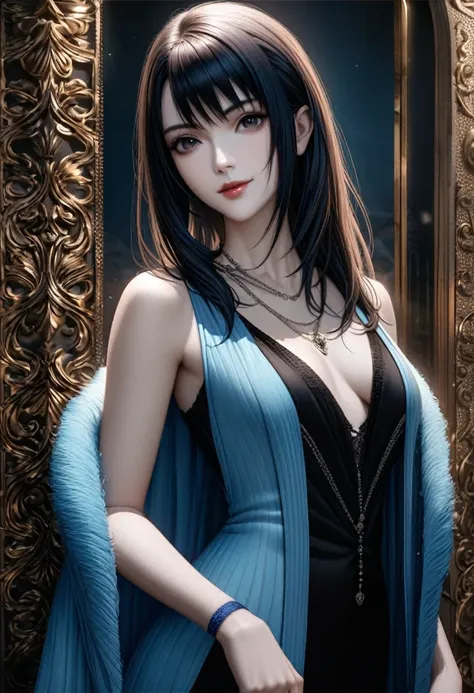 Rinoa, Blue Duster, Blue wristband, Half Body, smile, I have a necklace, An unparalleled masterpiece, Ultra-realistic 8K CG, Perfect artwork, Seductive posture, Sexy pose, Attractive, clean, Beautiful Face, Pure Face, Pale skin, Intricate details, reputati...