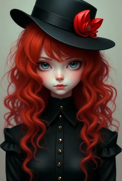 curly hair,red and long, with a hat with red details, big eyes, white skin and black clothes.