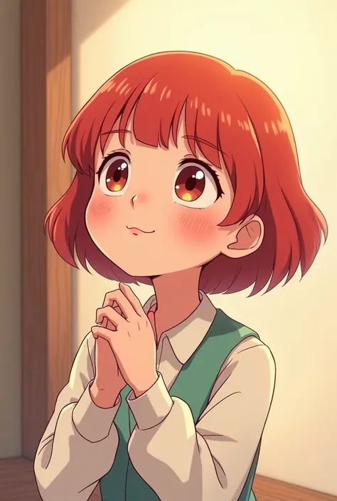 In cute Cartoon style, create a woman with short hair with red bangs, looking up as if looking at someone who is taller head on with embarrassment 
