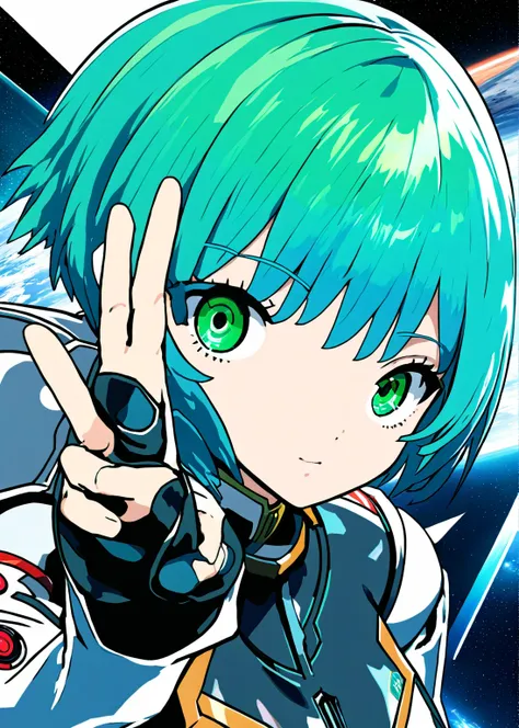 anime girl with blue hair and green eyes pointing at something, with index finger, mikudayo, android heroine, 2 d anime style, a...