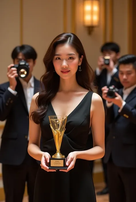 A Korean woman with dark brown hair, 20 years old receiving an award for best "vice ceo" in an elegant location with several photographers