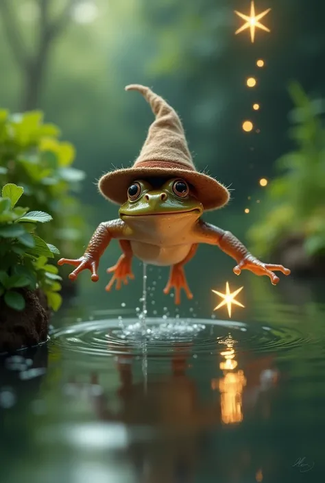 Image of a brown frog with a hat that jumps into a pond to catch a star that fell into that pond