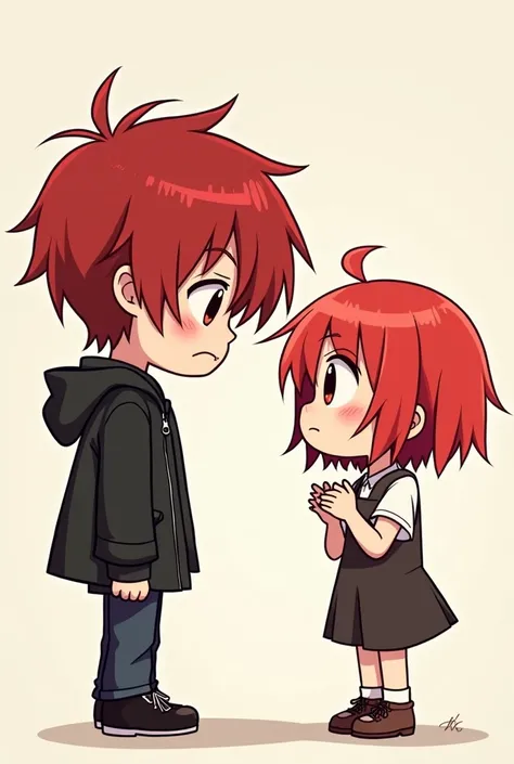 In cute Cartoon style, create one with short hair with red bangs, looking up as if she was looking at someone who is taller from the front with embarrassment and an emo with red hair looking at her 
