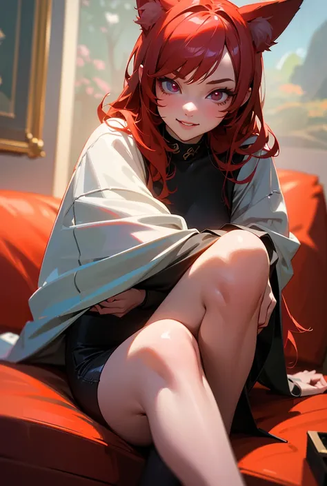 girl in anime style home clothes, sitting in a room, cat ears, red hair, red eyes, hugging her knees, beautiful detailed eyes, beautiful detailed lips, extremely detailed eyes and face, long eyelashes, (best quality,4k,8k,highres,masterpiece:1.2),ultra-det...