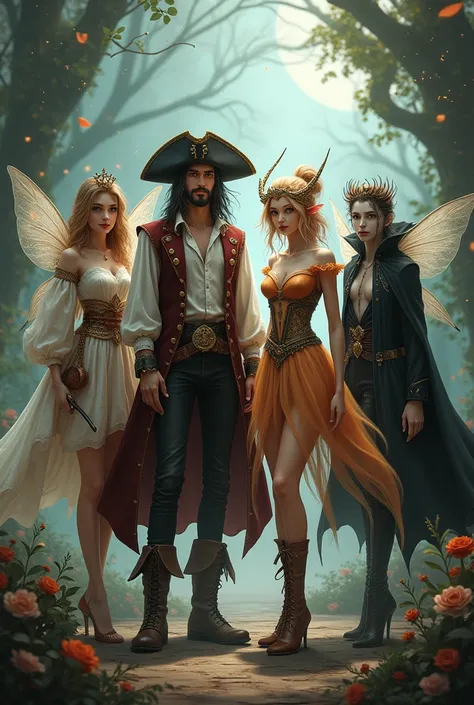 Little fairy in pirate clothes and another fairy in wizard clothes and another fairy in fairy clothes and another fairy in vampire clothes